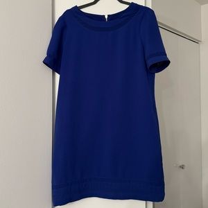 vibrant blue work dress with chunky silver zipper detail